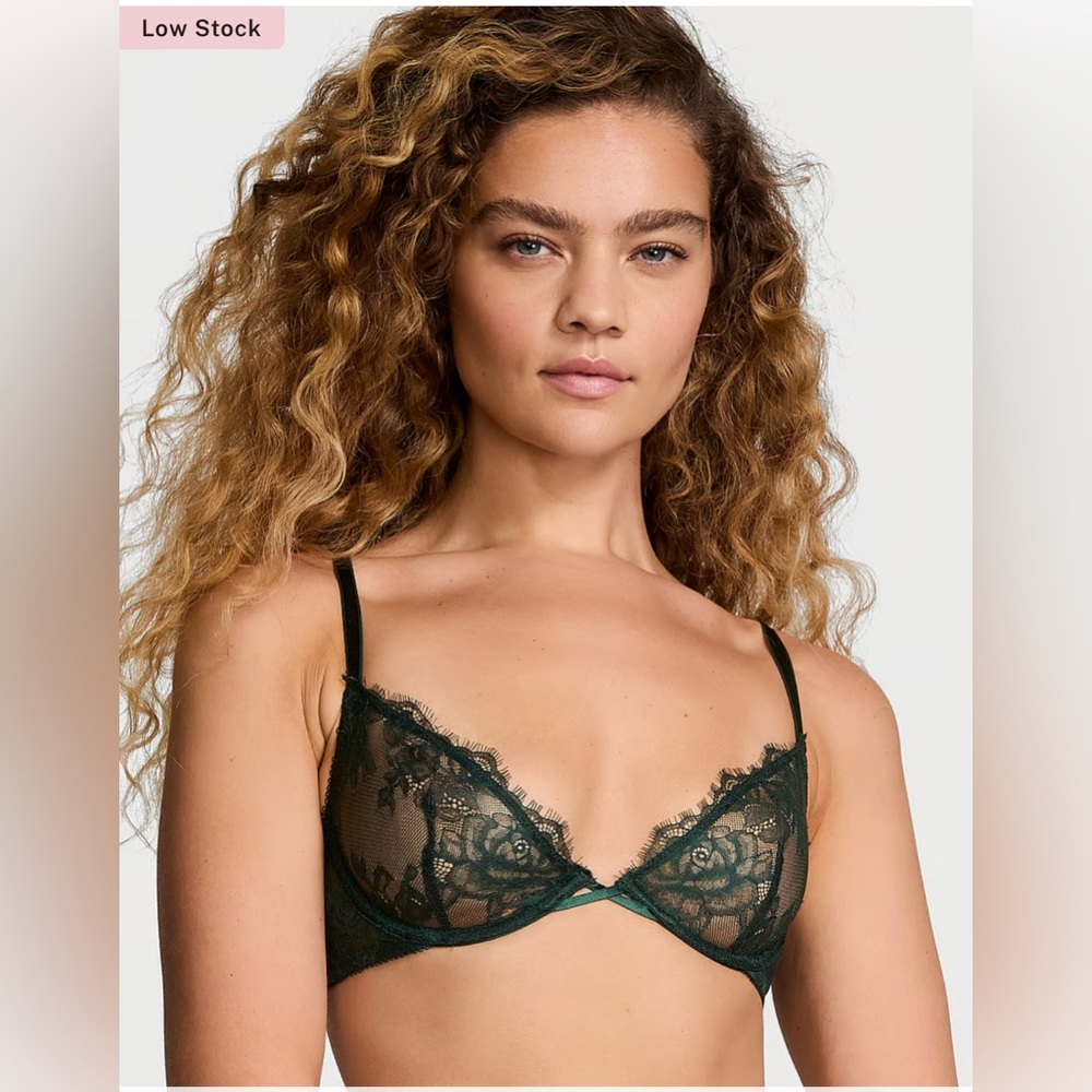 Victoria’s Secret VERY SEXY Rose Lace Unlined Low-Cut Demi Bra 34C Forest Green